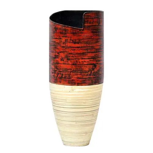 10.25" X 10.25" X 25" Distressed Red and Natural Bamboo Bamboo Spun Bamboo Vase