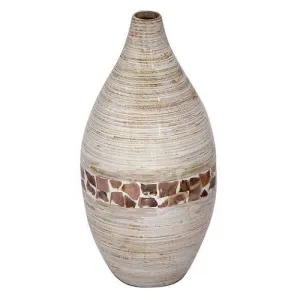 10" X 10" X 20" Distressed White W/ Coconut Shell Bamboo Spun Bamboo Vase