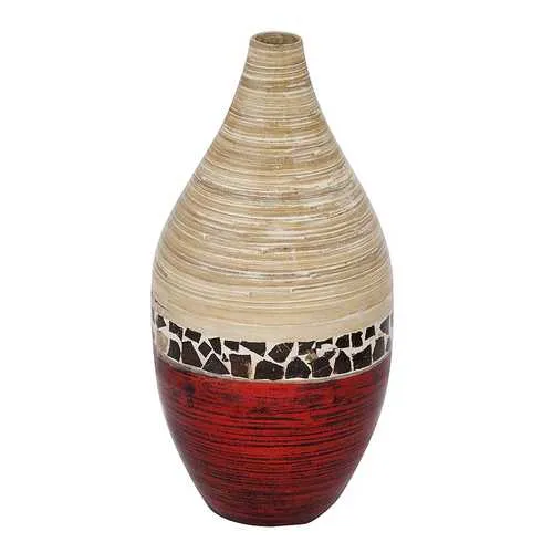 10" X 10" X 20" Natural Bamboo And Metallic Red W/ Coconut Shell Bamboo Spun Bamboo Vase