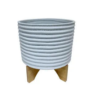 11" Textured Planter W/ Stand, White