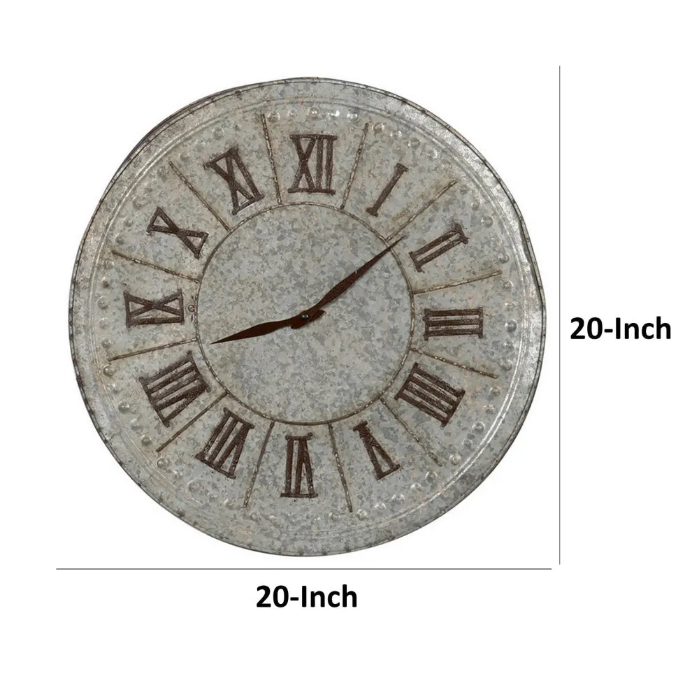 20 Inch Classic Round Wall Clock, Metal, Roman Numerals, Vintage Gray  By Casagear Home