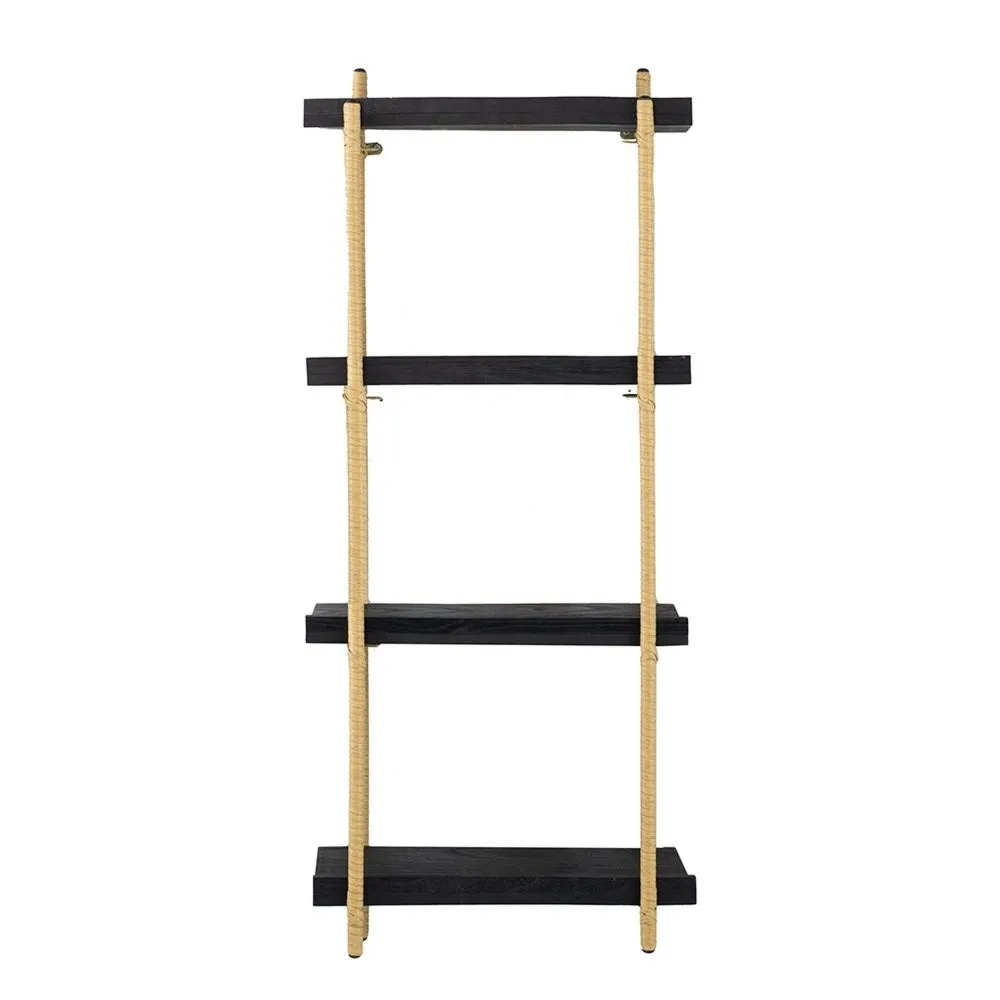 44 Inch Modern Wood Four Tier Shelf, Natural Rattan Braiding, Gold, Black By Casagear Home