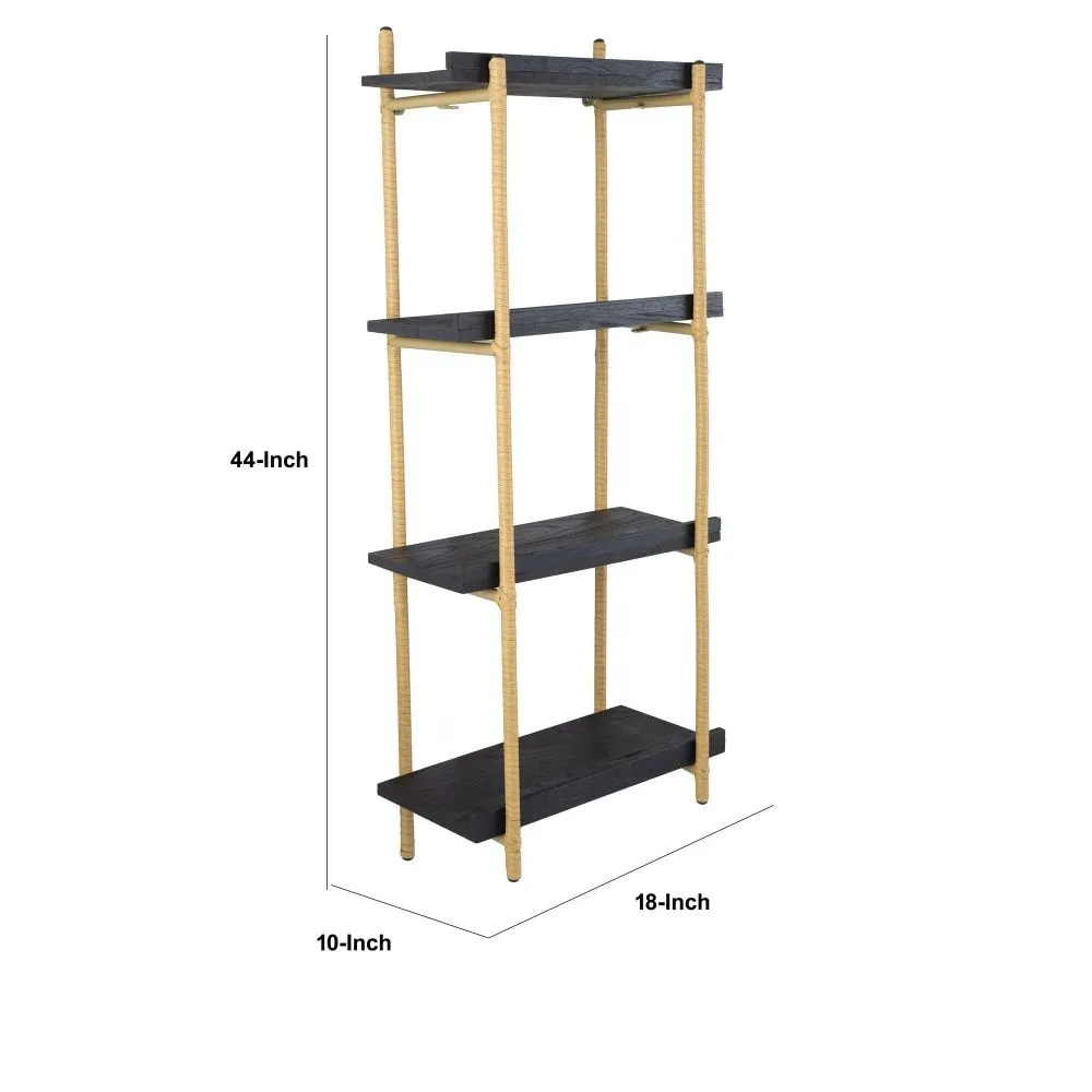 44 Inch Modern Wood Four Tier Shelf, Natural Rattan Braiding, Gold, Black By Casagear Home