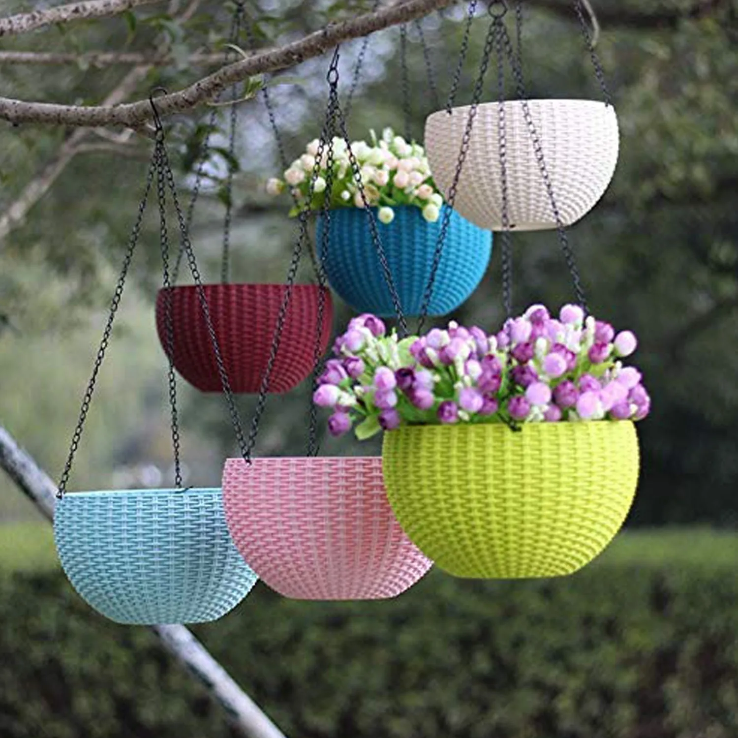 4708 Plastic Hanging Flower Pot and Flower Pot with Chain (6 Pc)