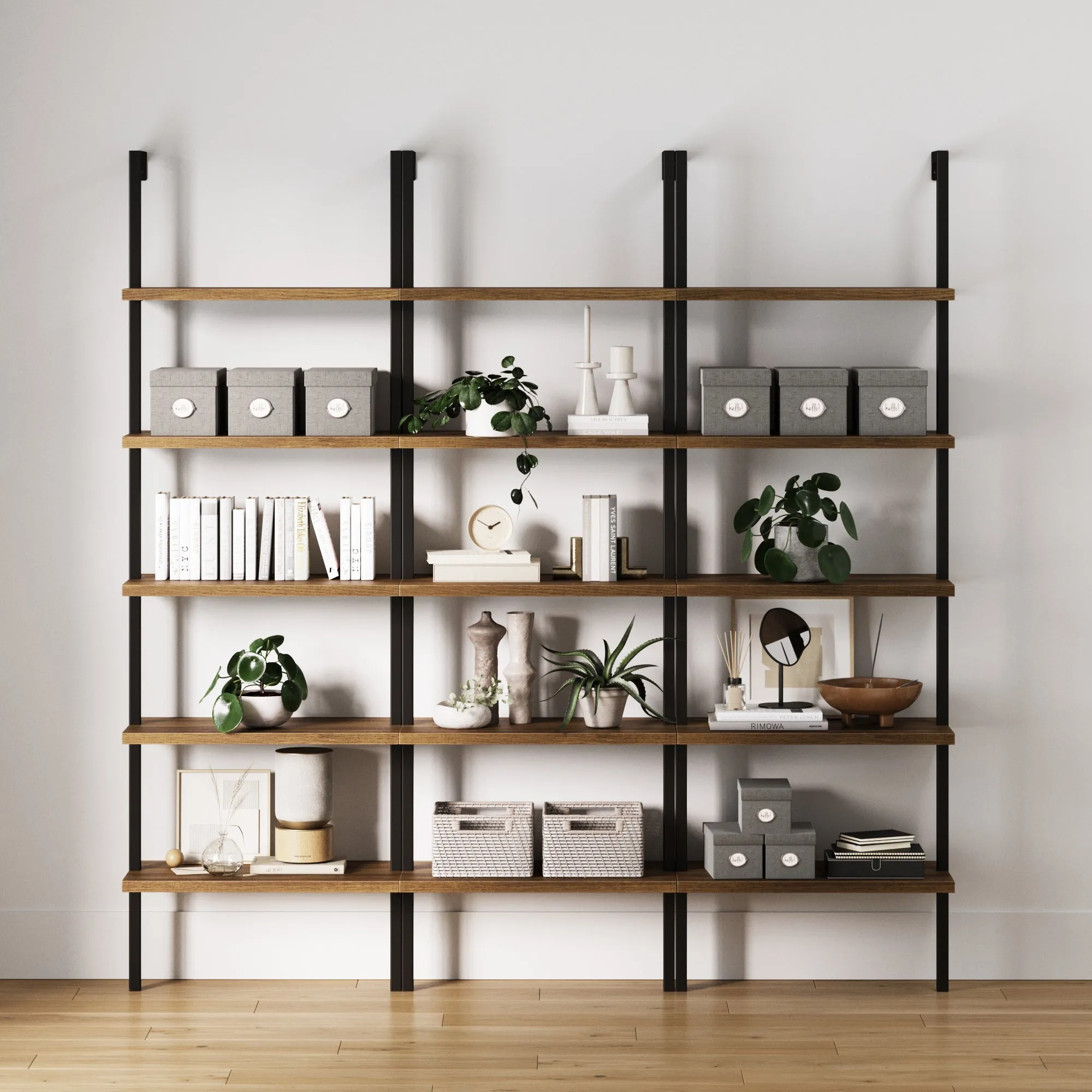 5-Shelf Ladder Bookshelf Oak Matte Black (Set of 3)