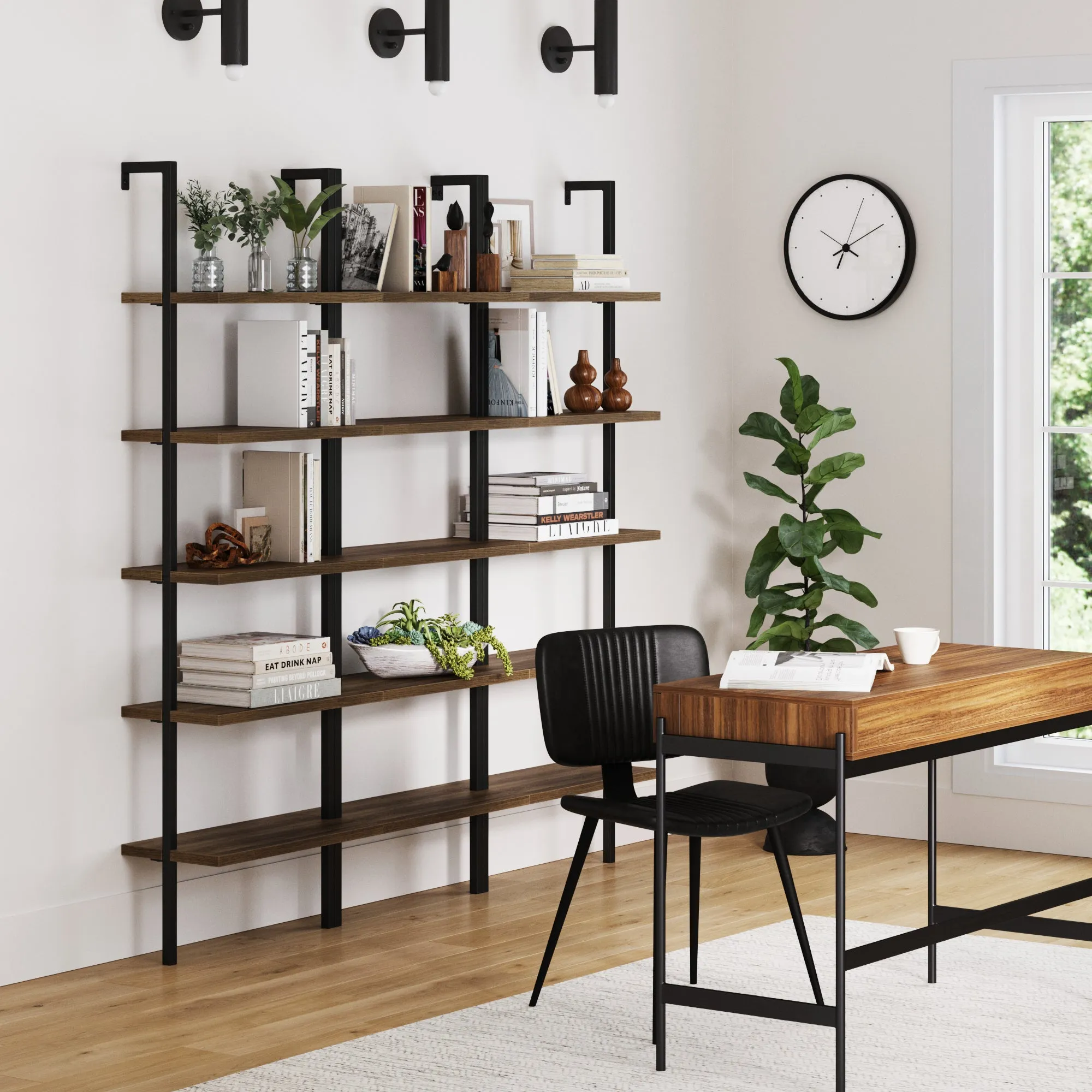 5-Shelf Ladder Bookshelf Oak Matte Black (Set of 3)