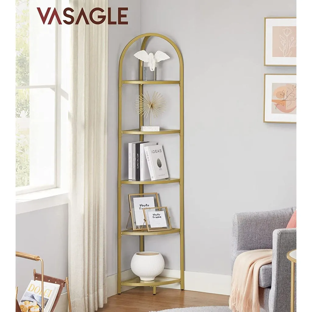 5 Tier Glass Corner Ladder Bookshelf, Steel Frame, Golden - VASAGLE