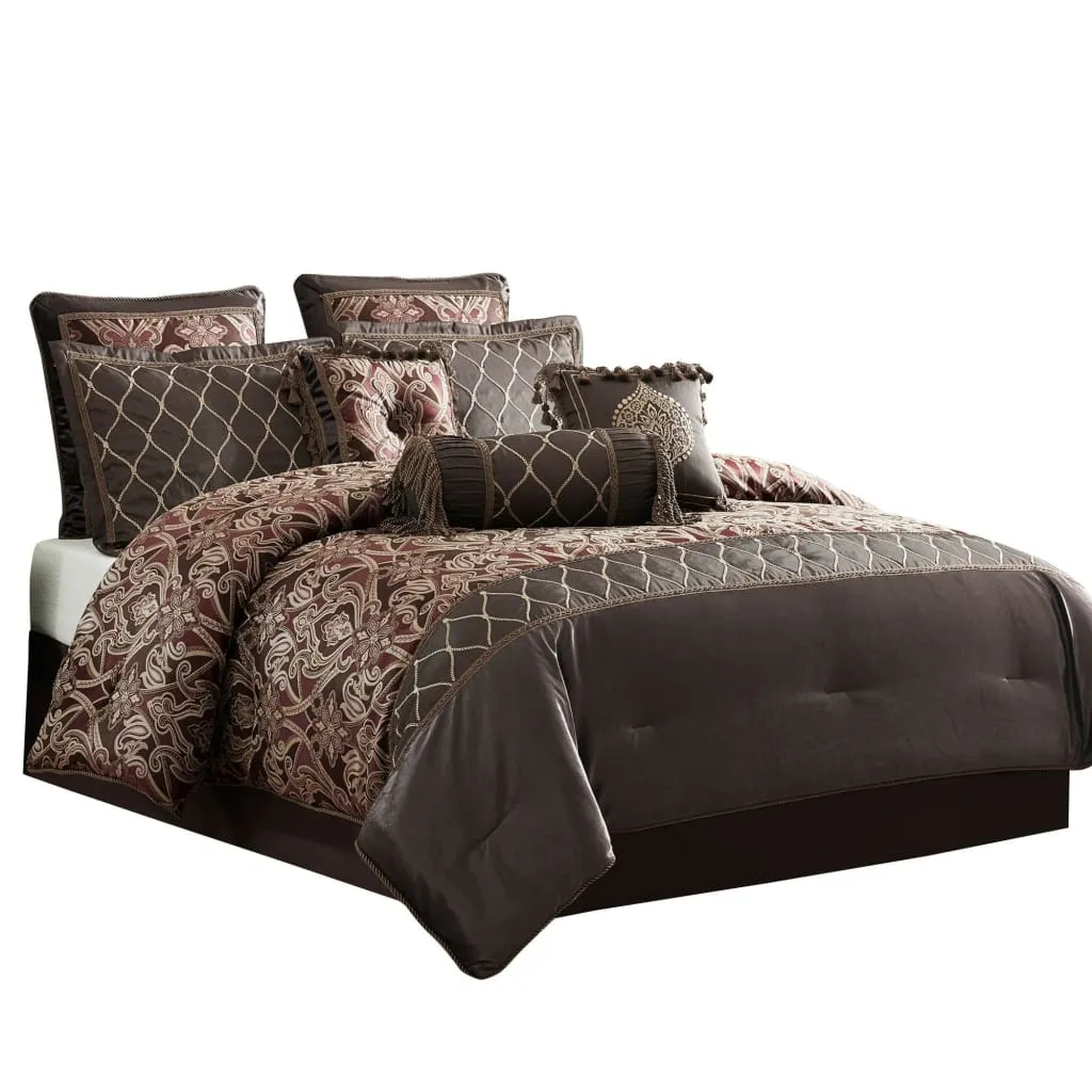 9 Piece Queen Comforter Set with Geometric Print, Brown By Casagear Home