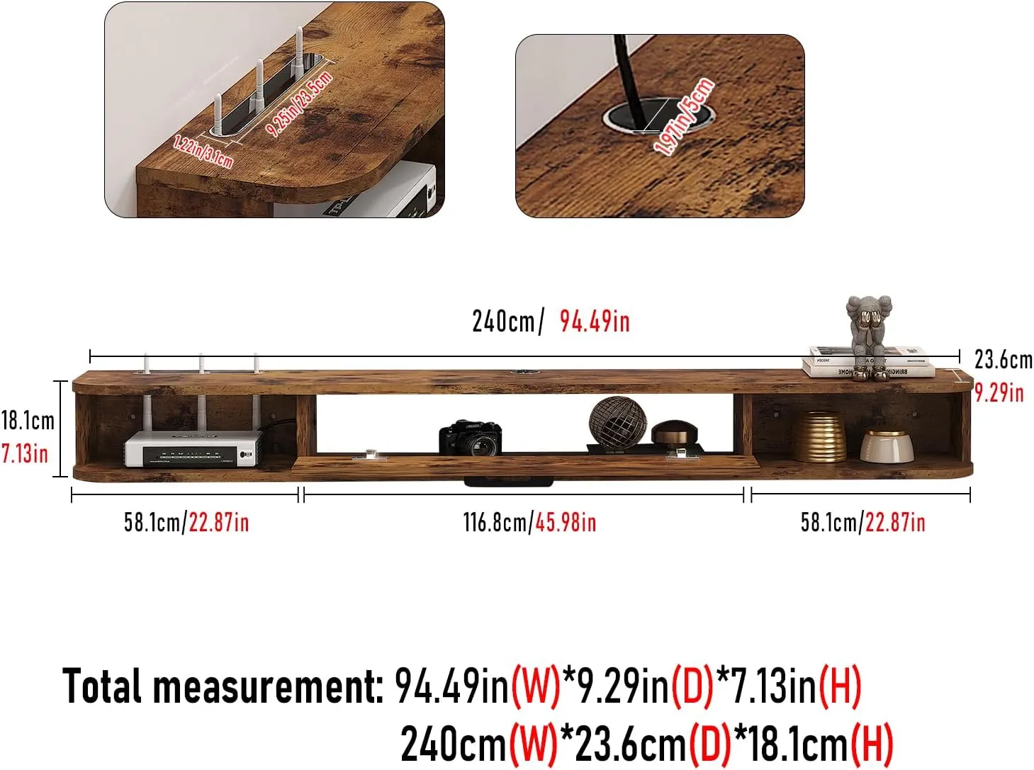 94.48" Eclan Rustic Brown Floating TV Stand