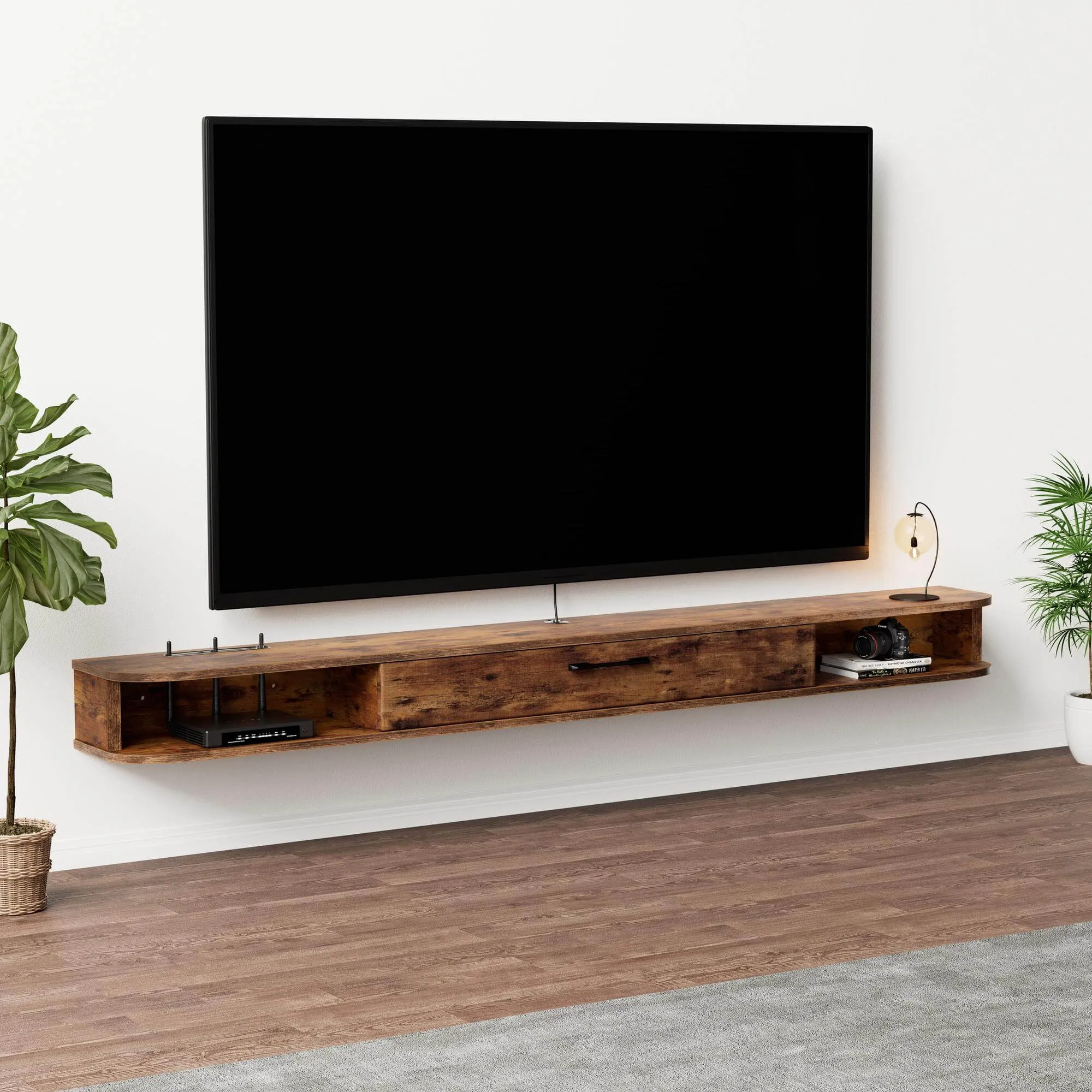 94.48" Eclan Rustic Brown Floating TV Stand