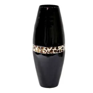 9.45" X 9.45" X 24" Black Lacquer with Brown Coconut Shell Bamboo Spun Bamboo Vase