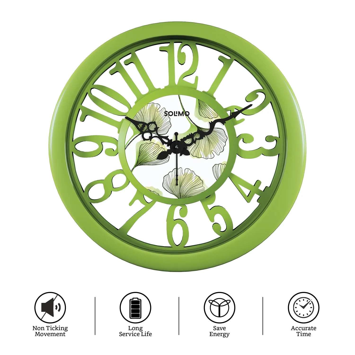 Amazon Brand - Solimo 14-inch Classic & Modern and Stylish Silent Movement Large Numbers Wall Clock - Parrot Green