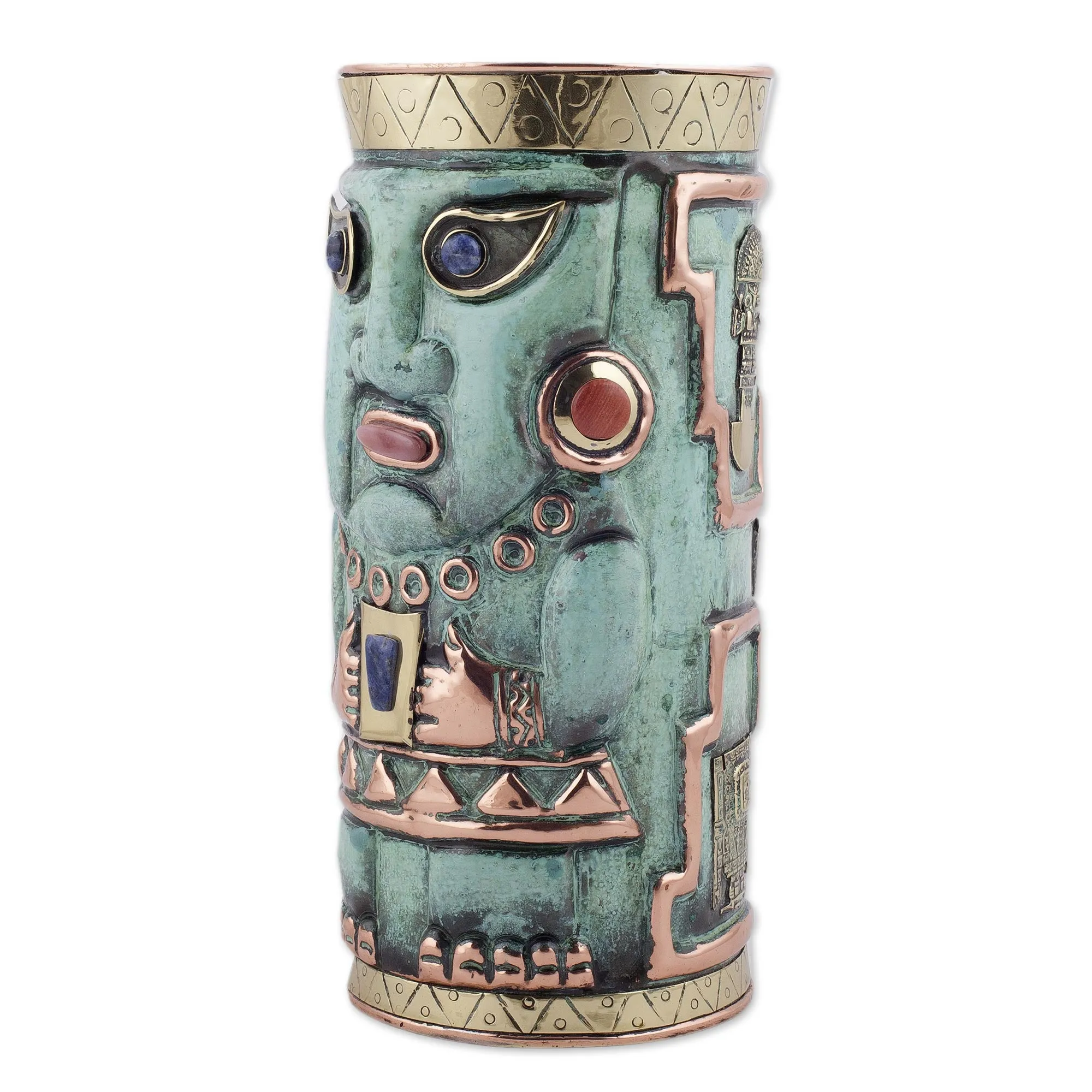 Andean Warrior Gemstone-Accented Copper Decorative Vase from Peru