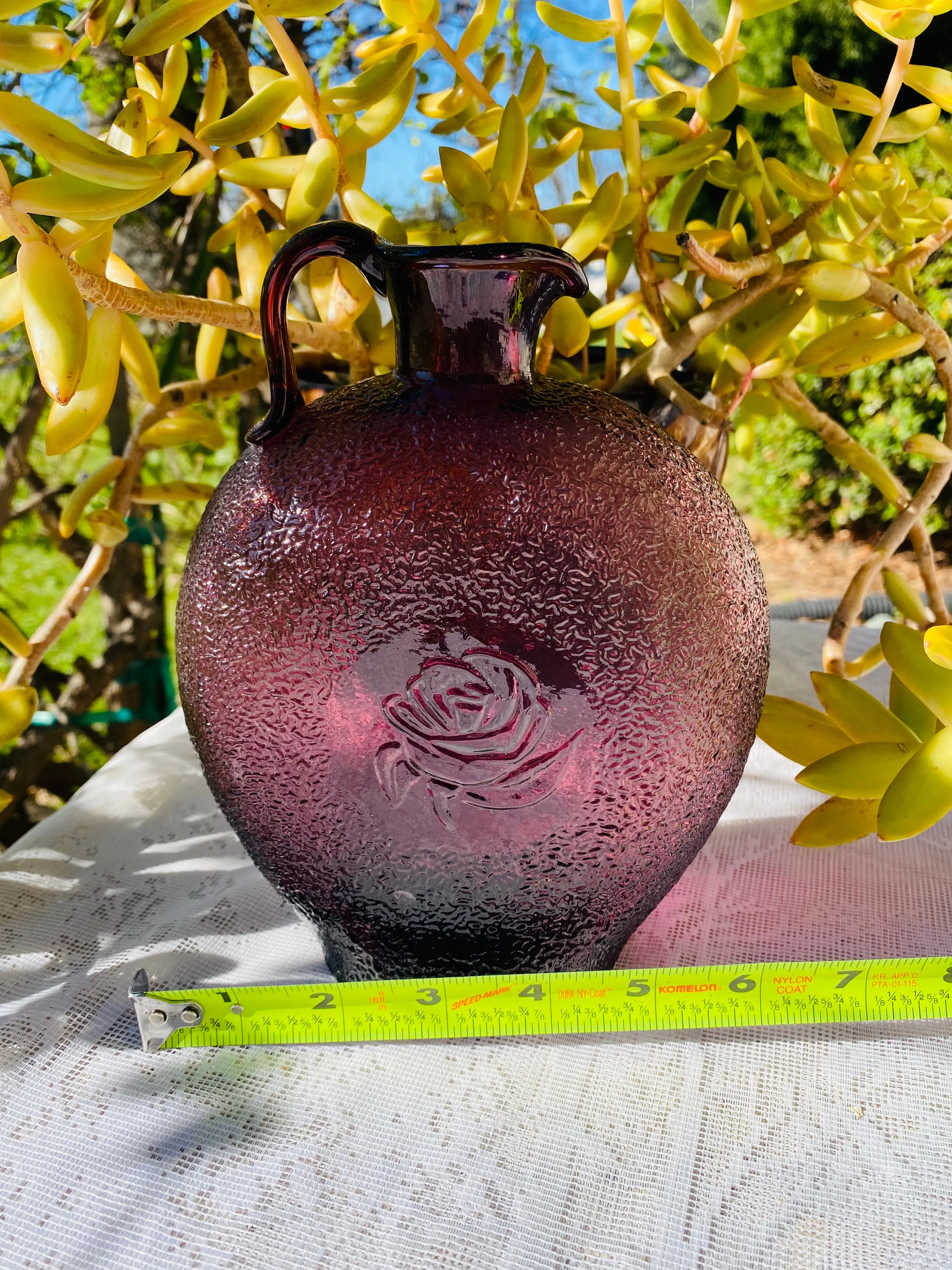 Artisan Purple Blown Art Glass Rose Floral Decorative Bottle Vase