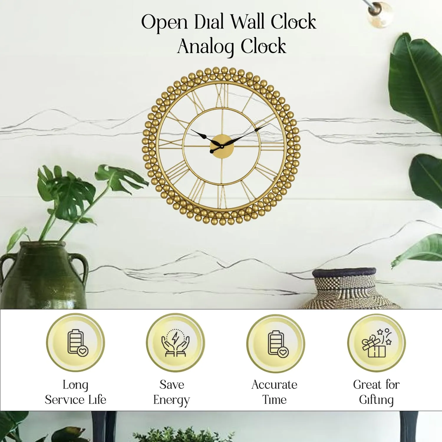 ARTYPILLAR Iron Roman Numbers Decorative Open Dial Wall Clock Analog Clock for Living Room Bedroom Kitchen Office (21 Inch, Brass)