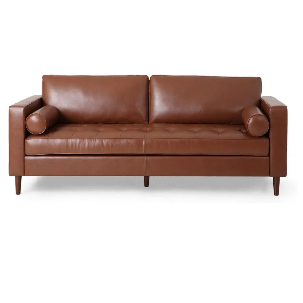 Ayla Sofa, 2 Bolster Pillows, Plush Tufted Light Brown Faux Leather 82 Inch By Casagear Home