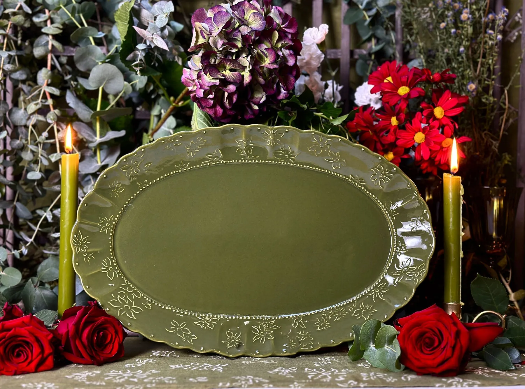 Bernadette's Falling Flower Green Oval Platter, 46cm