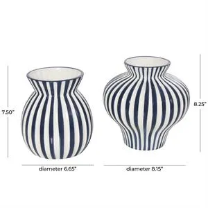 Blue Ceramic Striped Rounded Vase with Varying Shapes Set of 2 8" x 8"H