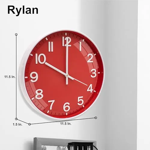 Claiez Wall Clock 12" Silent Quartz Decorative Latest Wall Clock Non-Ticking Classic Clock Battery Operated Round Easy to Read for Room/Home/Kitchen/Bedroom/Office/School(Red)