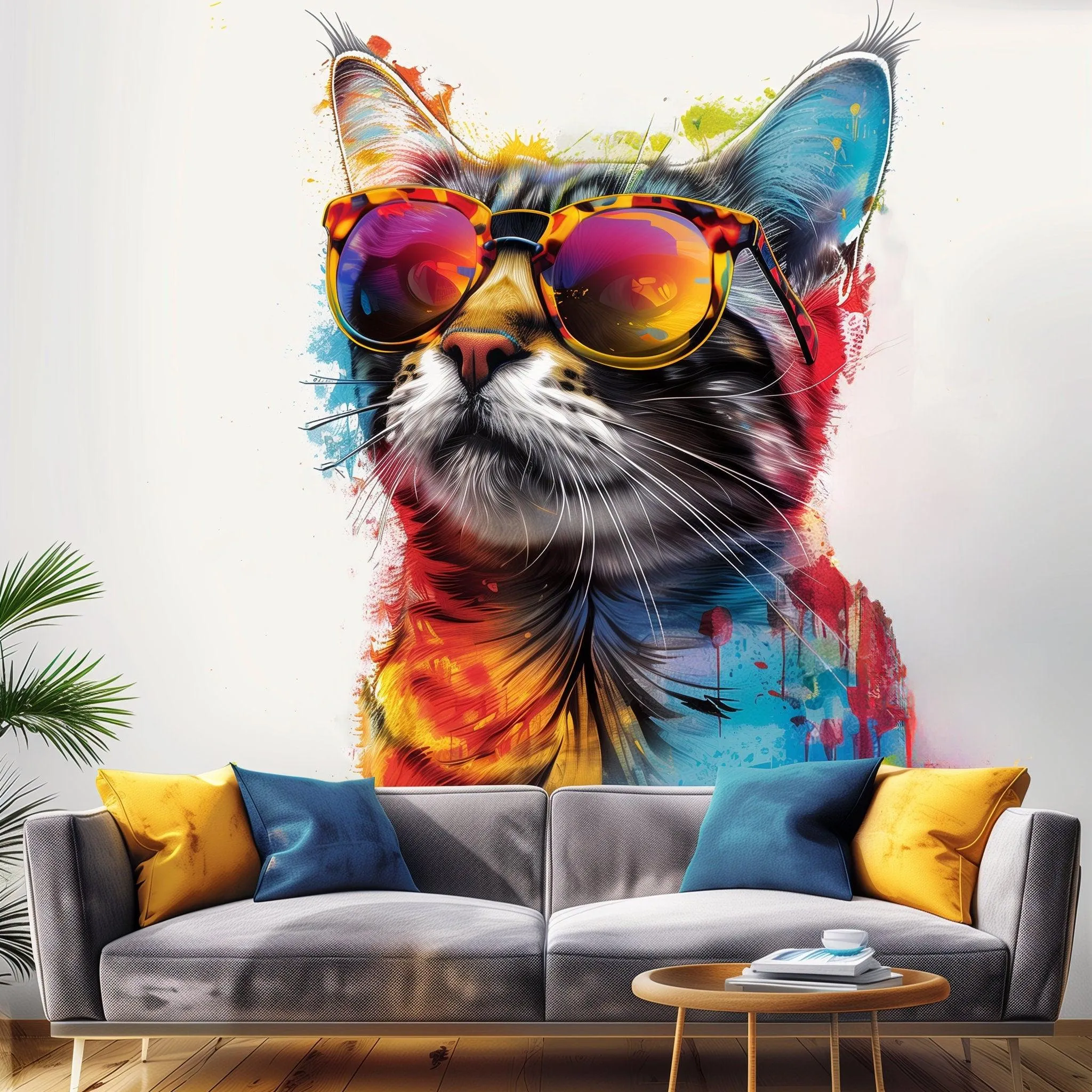 Colorful Maine Coon Cat Wall Sticker with Sunglasses - Modern Kittent Art Decal