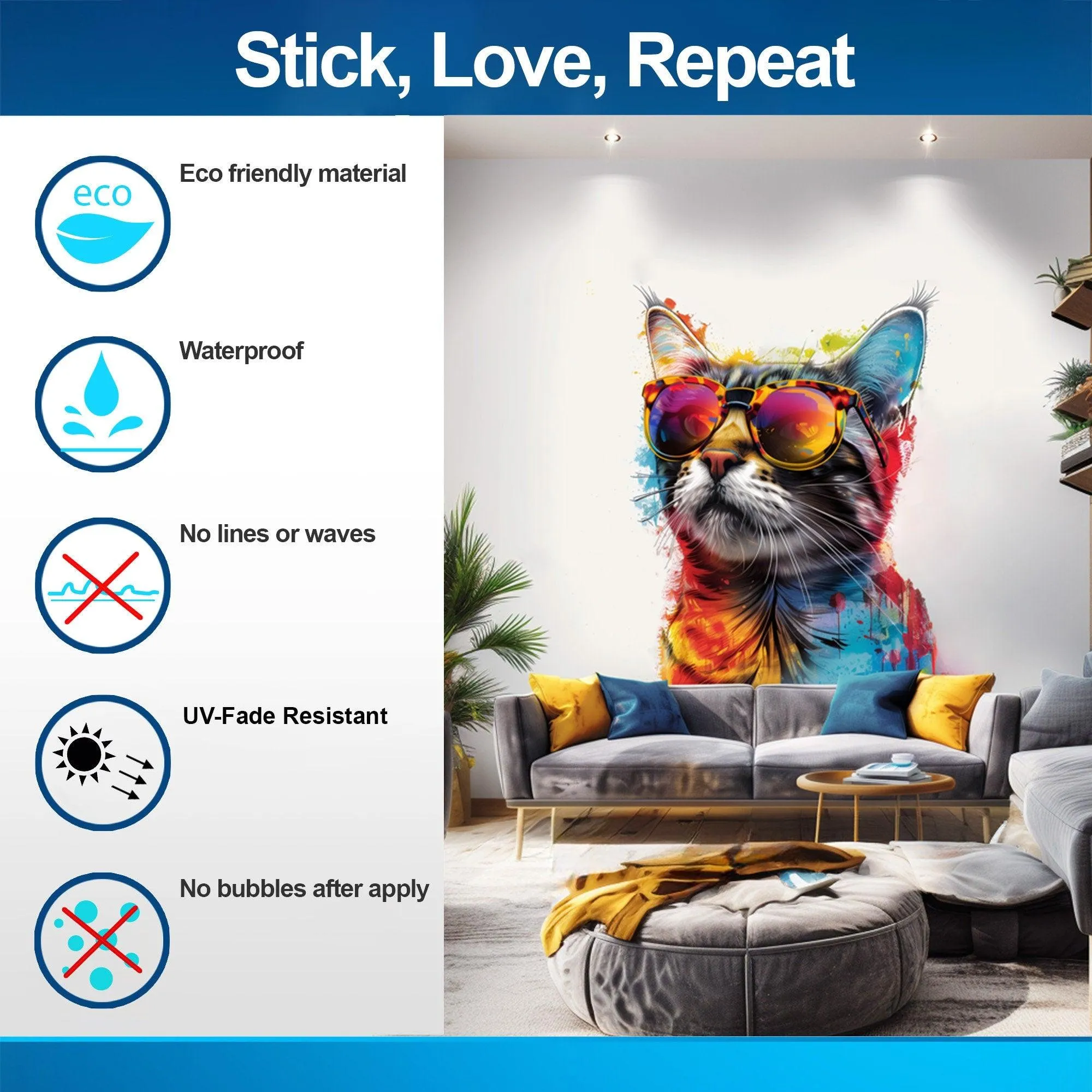 Colorful Maine Coon Cat Wall Sticker with Sunglasses - Modern Kittent Art Decal