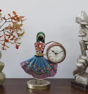 CRAFT CULTURE Rajasthani Ethnic/Lady Clock 3'' with Fine Painting Table Decor Handcrafted Powder Coated Iron Table Decor Decorative (Multicolor)