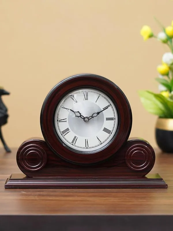 CRAFT SMITH Beautiful Rosewood Colour Wooden Home/Office Decor Roman Numerals Round Silver Colour Dial Analog Desk/Table Clock for Home Living Room (Size: 22 x 7 x 32 CM | Weight: 1275 grm)