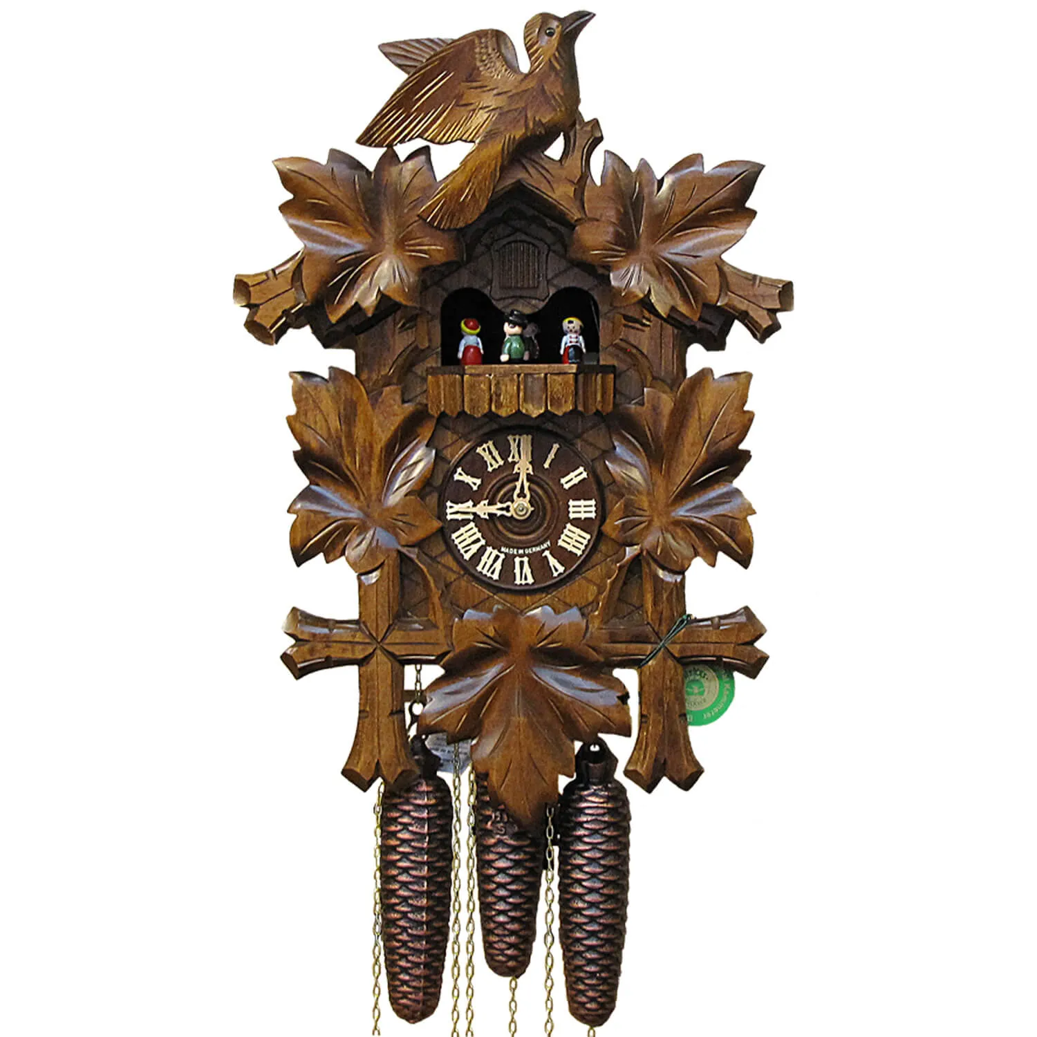 Cuckoo Clock - 8-Day Traditional with 5 Leaves, Bird & Dancers - HEKAS