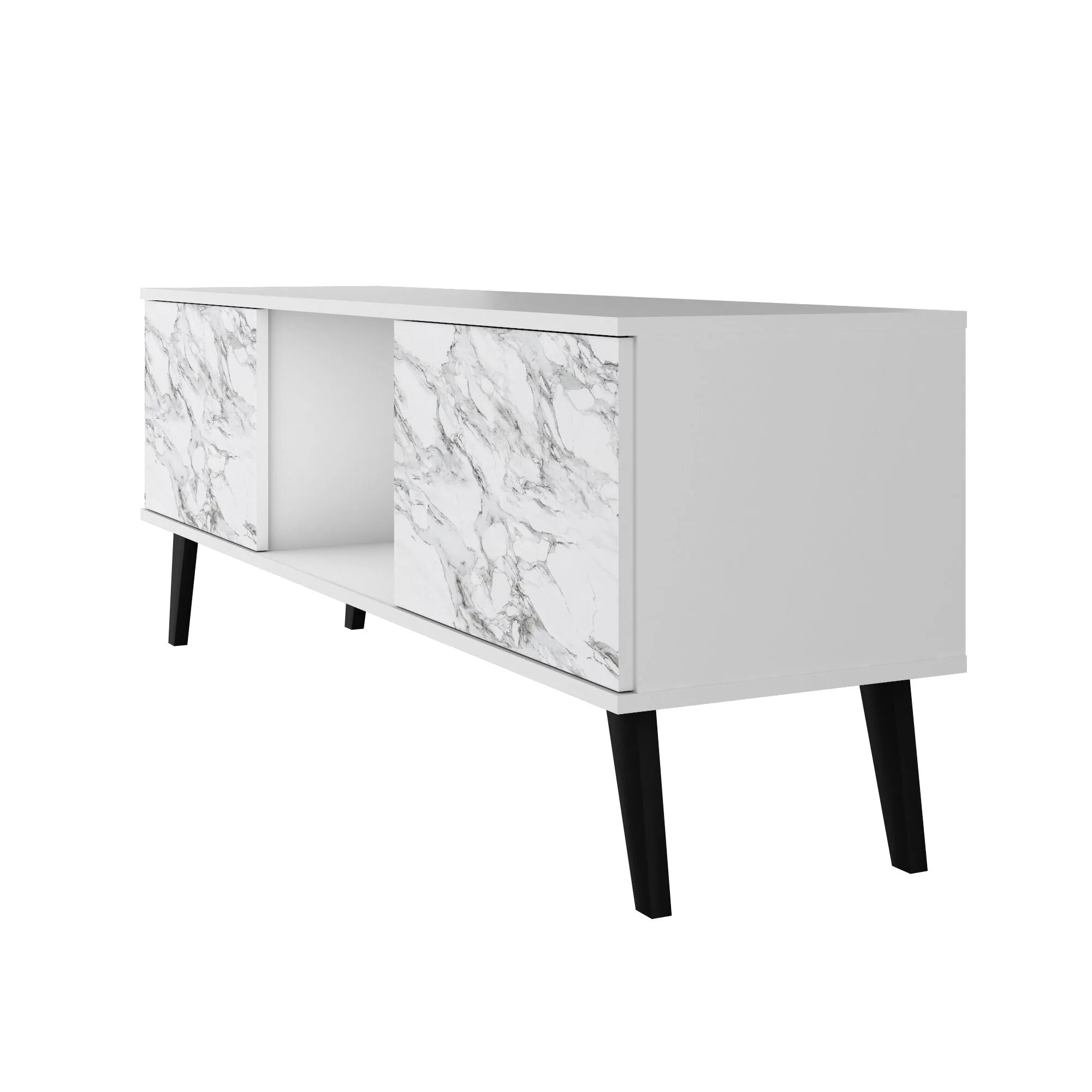 Doyers 53.15 Mid-Century Modern TV Stand in White and Marble Stamp