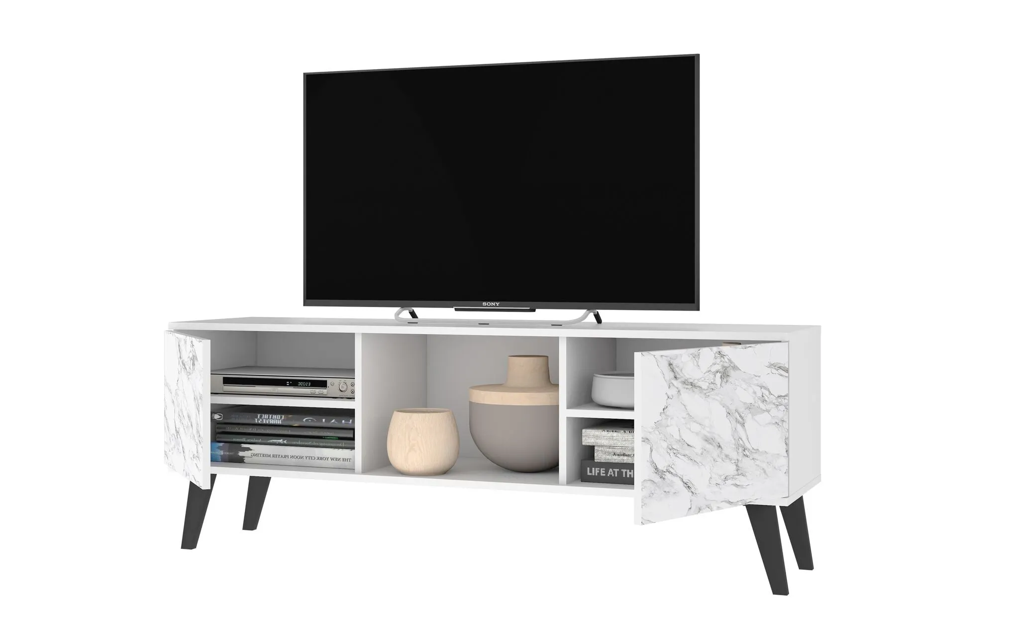 Doyers 53.15 Mid-Century Modern TV Stand in White and Marble Stamp