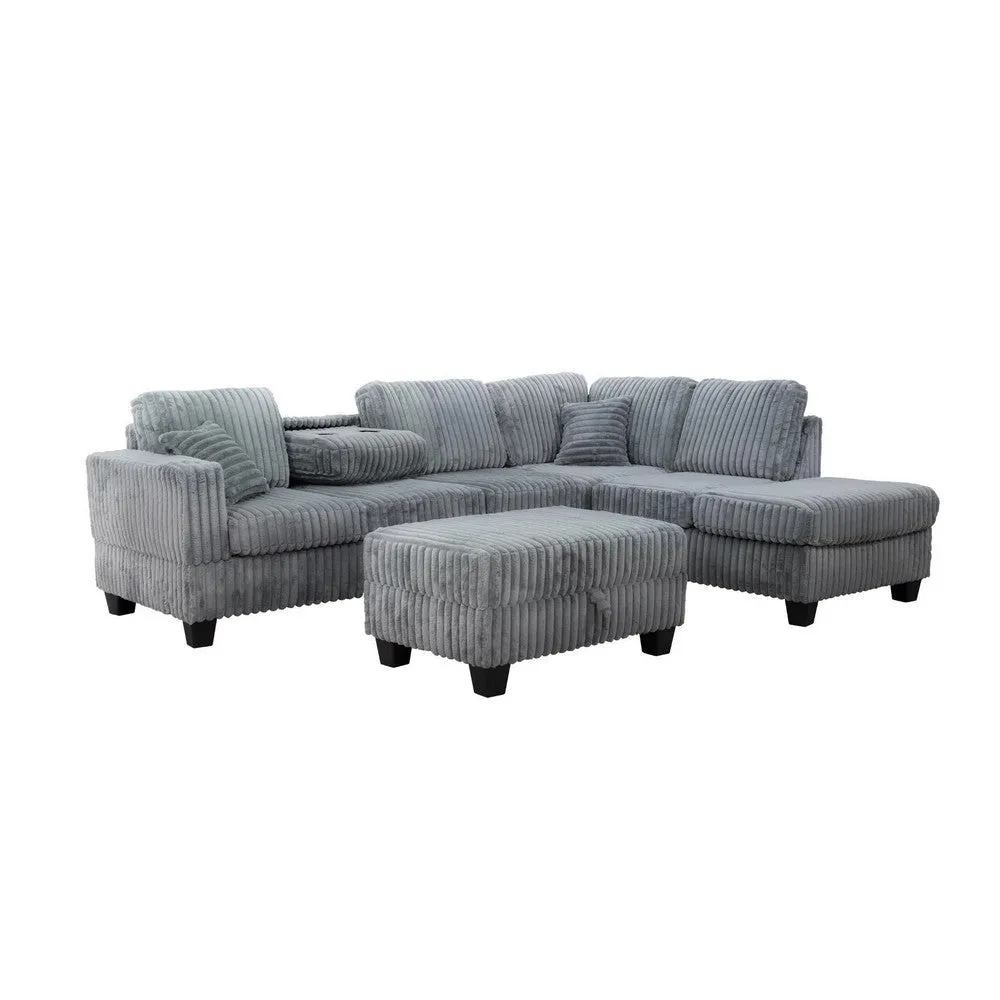 Ega 81 Inch Sectional Sofa with Reversible Chaise, Ottoman, Gray Corduroy By Casagear Home