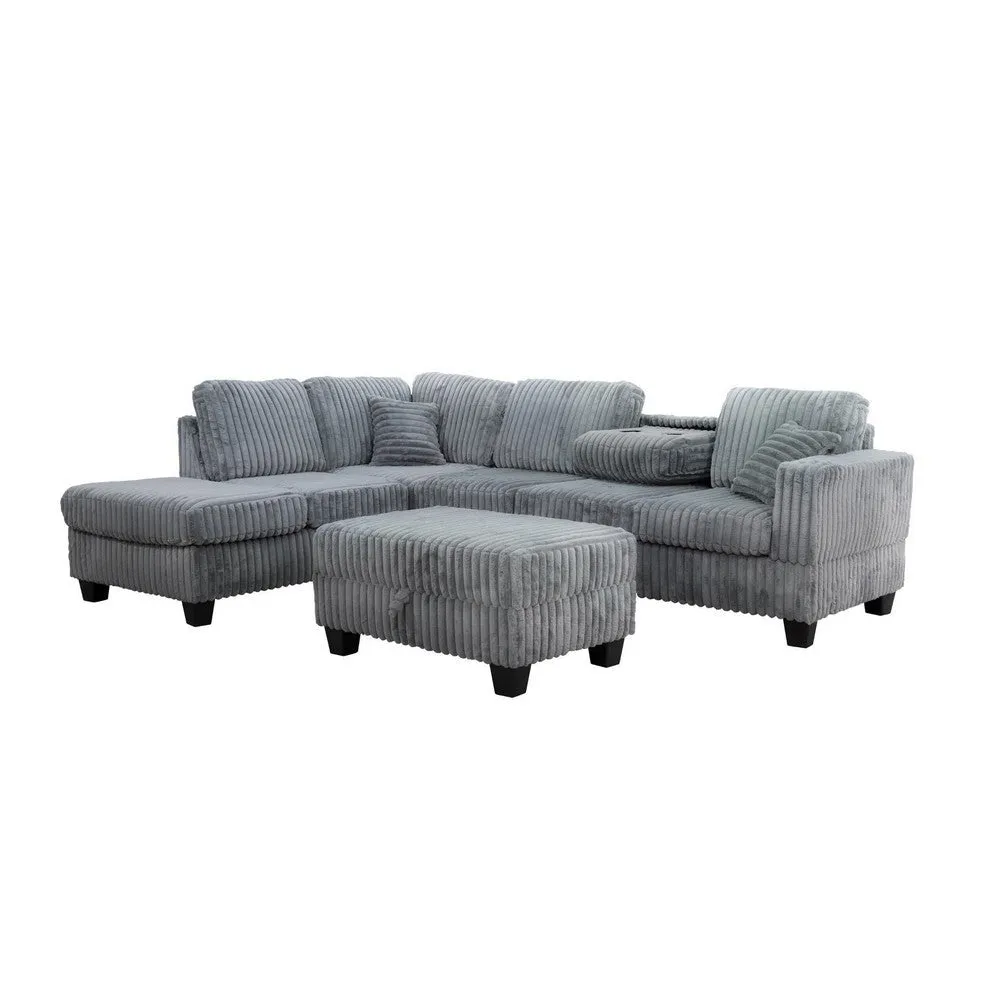 Ega 81 Inch Sectional Sofa with Reversible Chaise, Ottoman, Gray Corduroy By Casagear Home