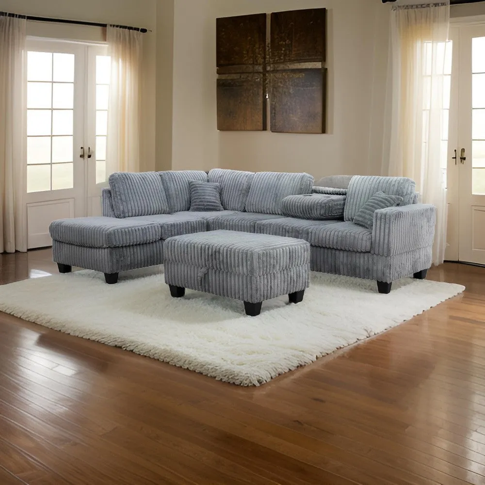 Ega 81 Inch Sectional Sofa with Reversible Chaise, Ottoman, Gray Corduroy By Casagear Home