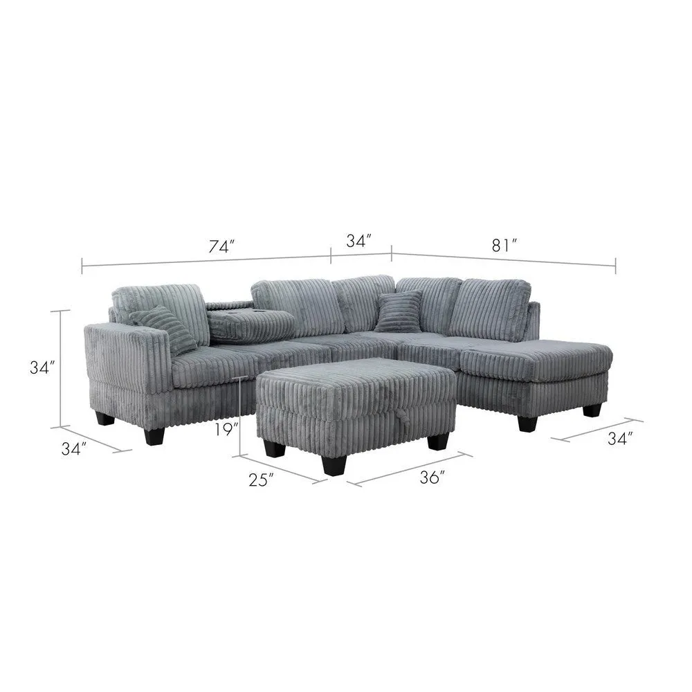 Ega 81 Inch Sectional Sofa with Reversible Chaise, Ottoman, Gray Corduroy By Casagear Home