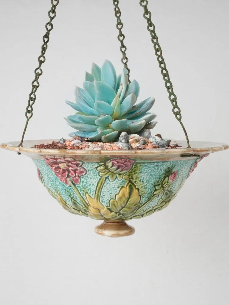 Exquisite Early 20th Century French Majolica Hanging Planter with Pink Dahlia Design