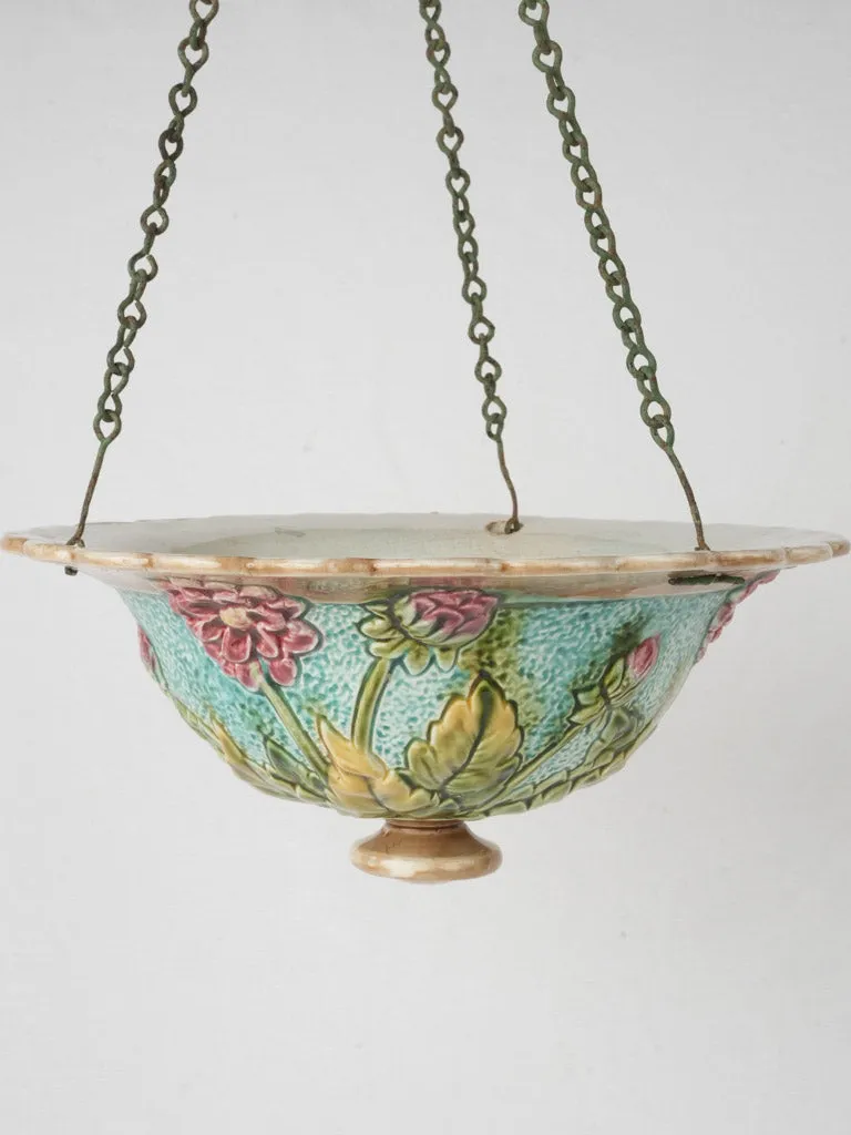 Exquisite Early 20th Century French Majolica Hanging Planter with Pink Dahlia Design