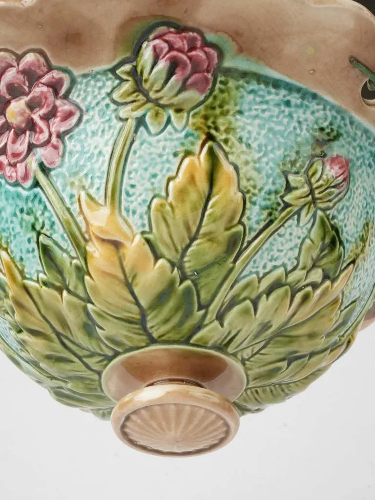 Exquisite Early 20th Century French Majolica Hanging Planter with Pink Dahlia Design