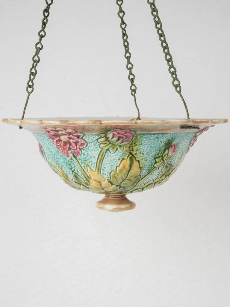 Exquisite Early 20th Century French Majolica Hanging Planter with Pink Dahlia Design