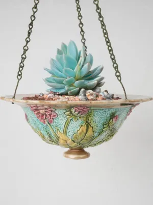 Exquisite Early 20th Century French Majolica Hanging Planter with Pink Dahlia Design