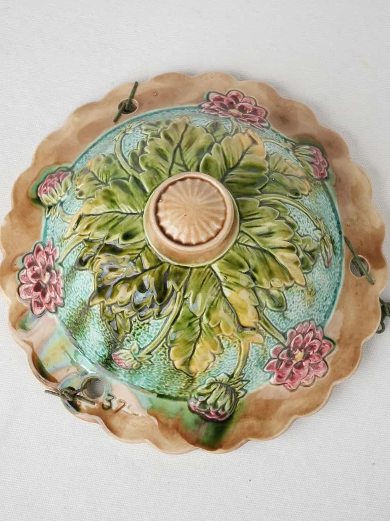 Exquisite Early 20th Century French Majolica Hanging Planter with Pink Dahlia Design