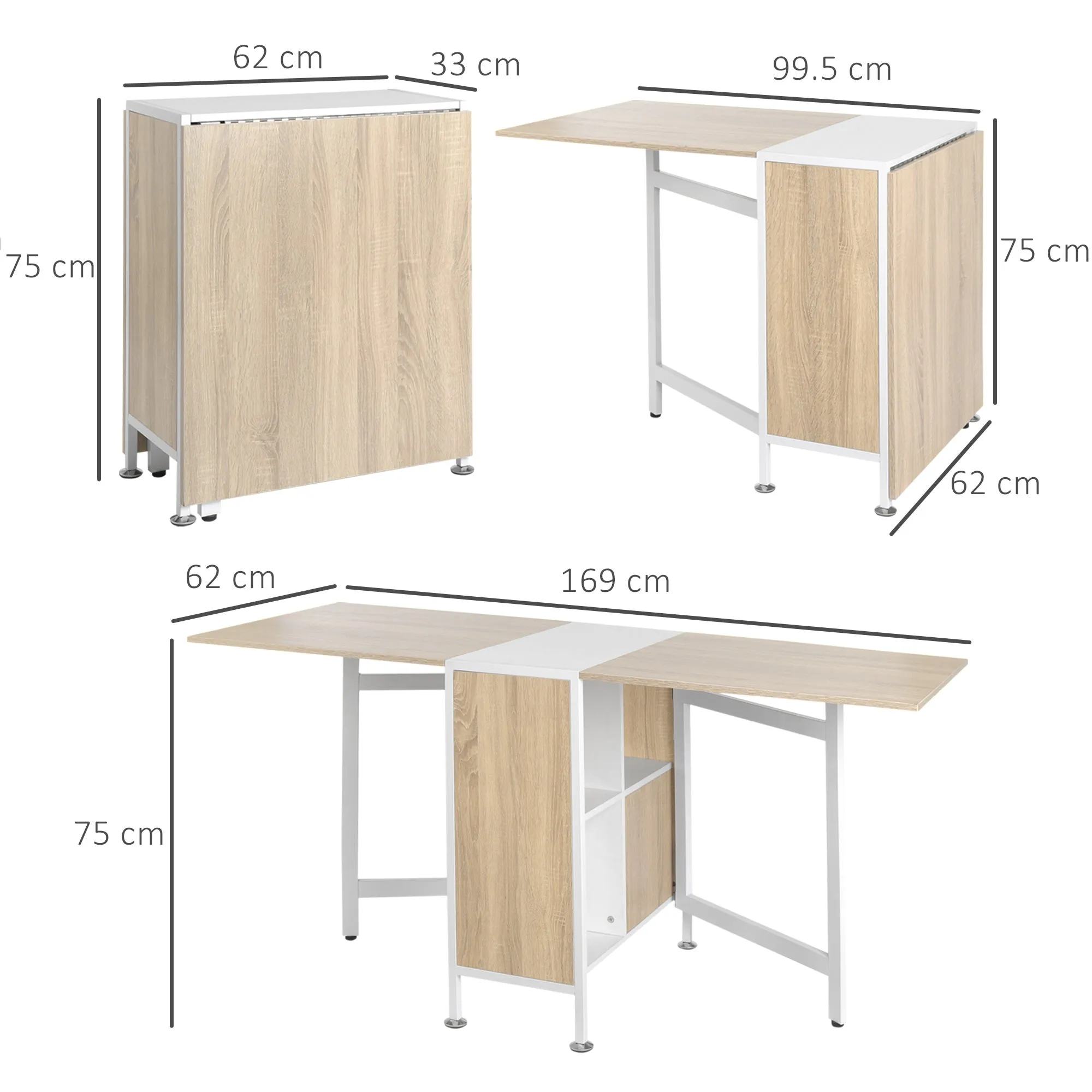 Foldable Dining Table Folding Workstation for Small Space with Storage Shelves Cubes Oak & White