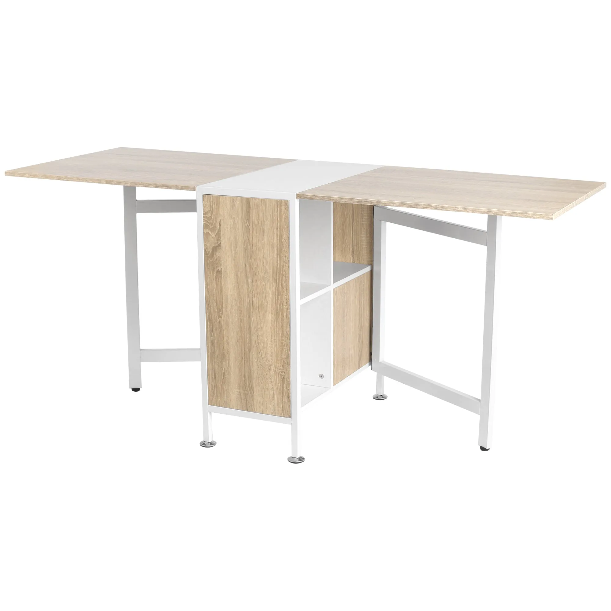 Foldable Dining Table Folding Workstation for Small Space with Storage Shelves Cubes Oak & White