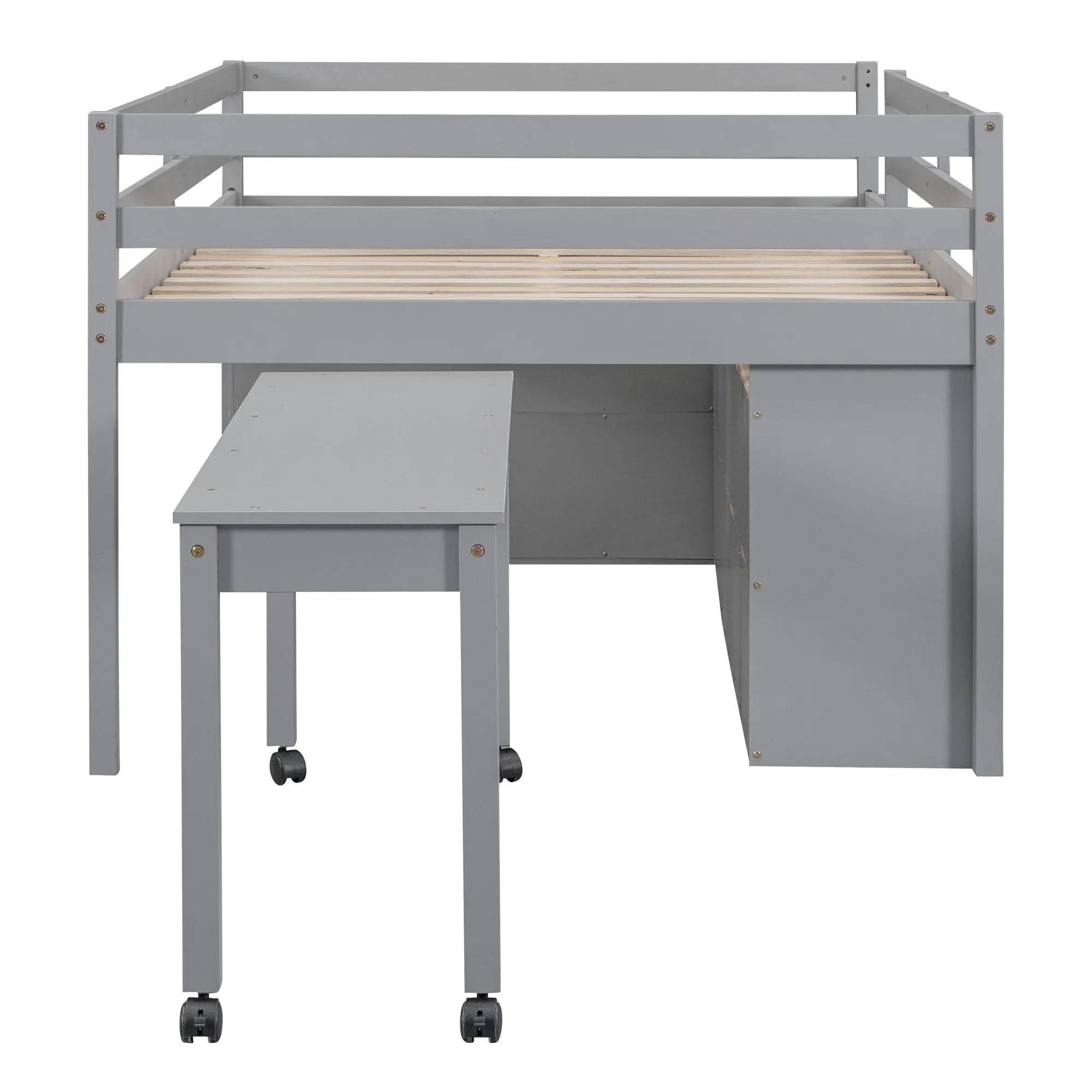 Full Size Loft Bed with Retractable Writing Desk and 4 Drawers, Wooden Loft Bed with Lateral Portable Desk and Shelves, Gray