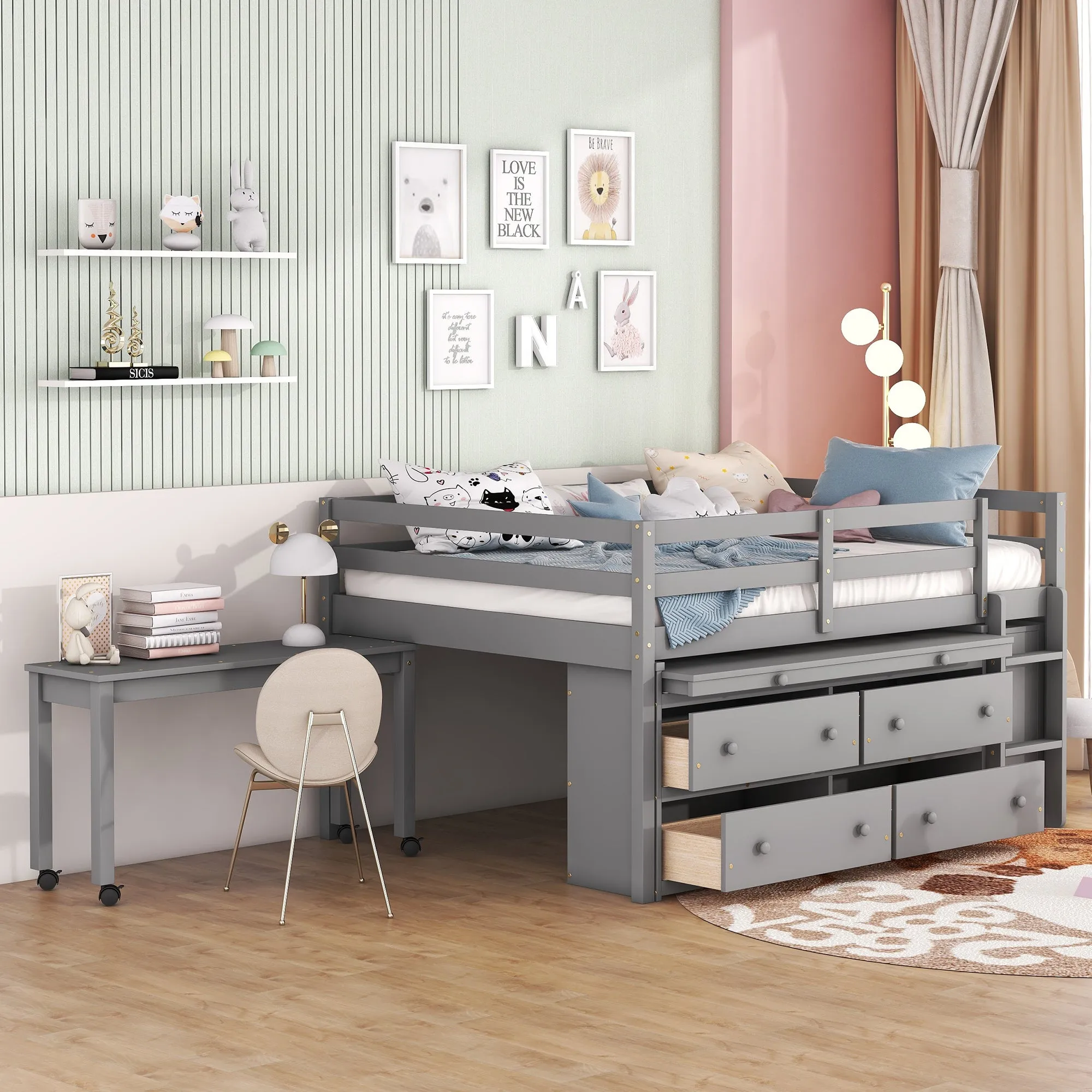 Full Size Loft Bed with Retractable Writing Desk and 4 Drawers, Wooden Loft Bed with Lateral Portable Desk and Shelves, Gray