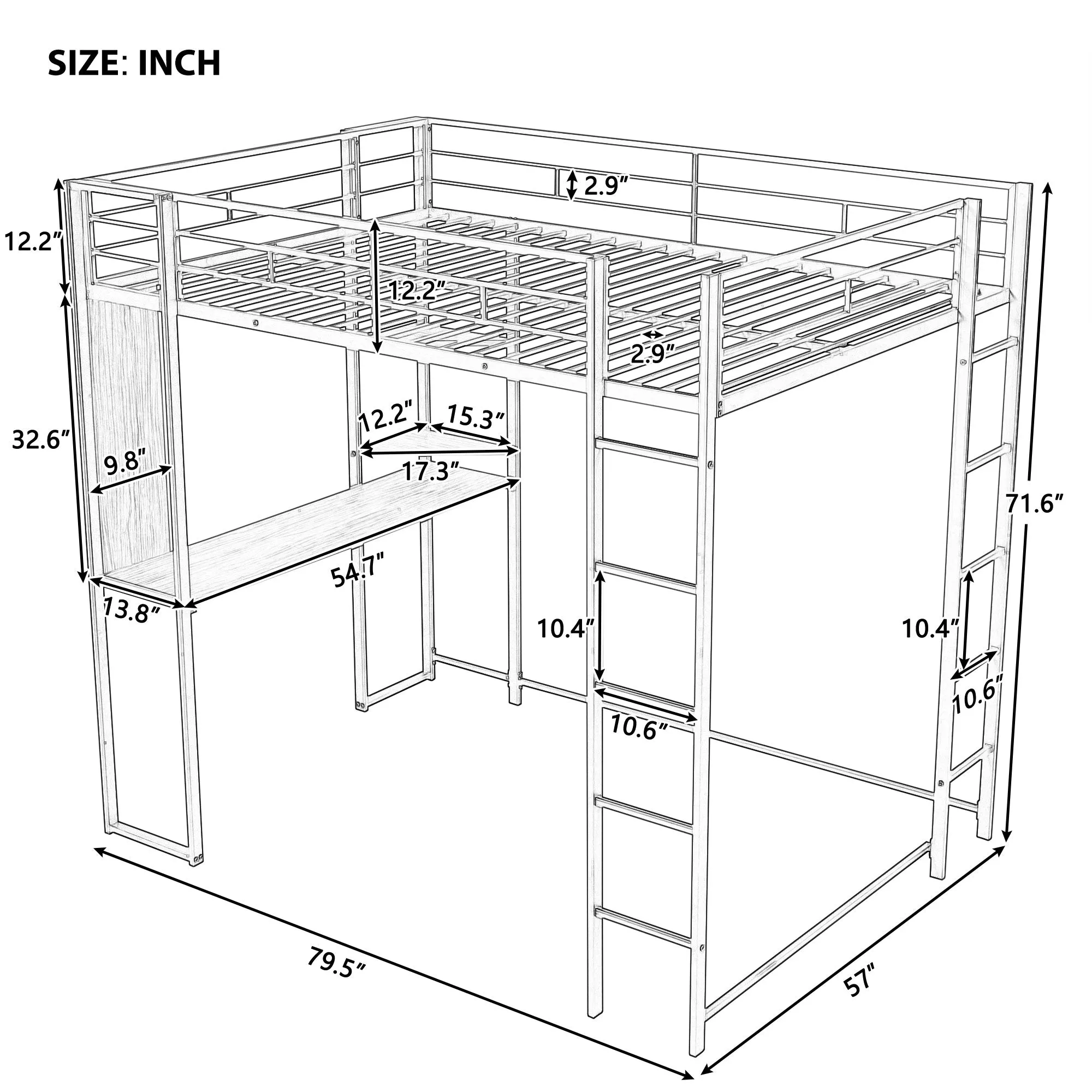 Full Size Metal Loft Bed with 2 Shelves and one Desk ,White