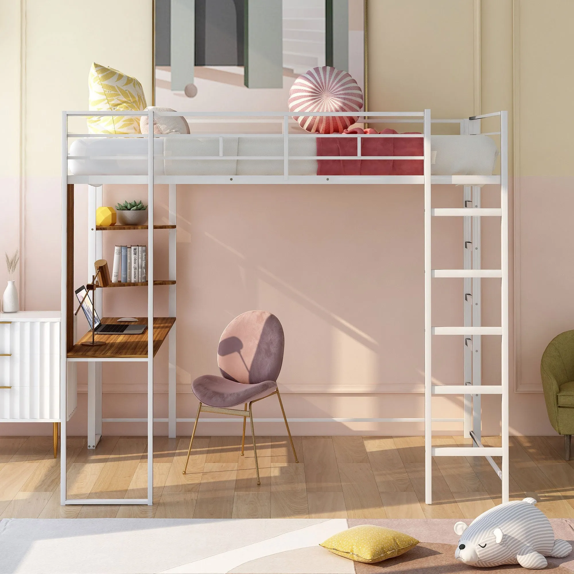 Full Size Metal Loft Bed with 2 Shelves and one Desk ,White