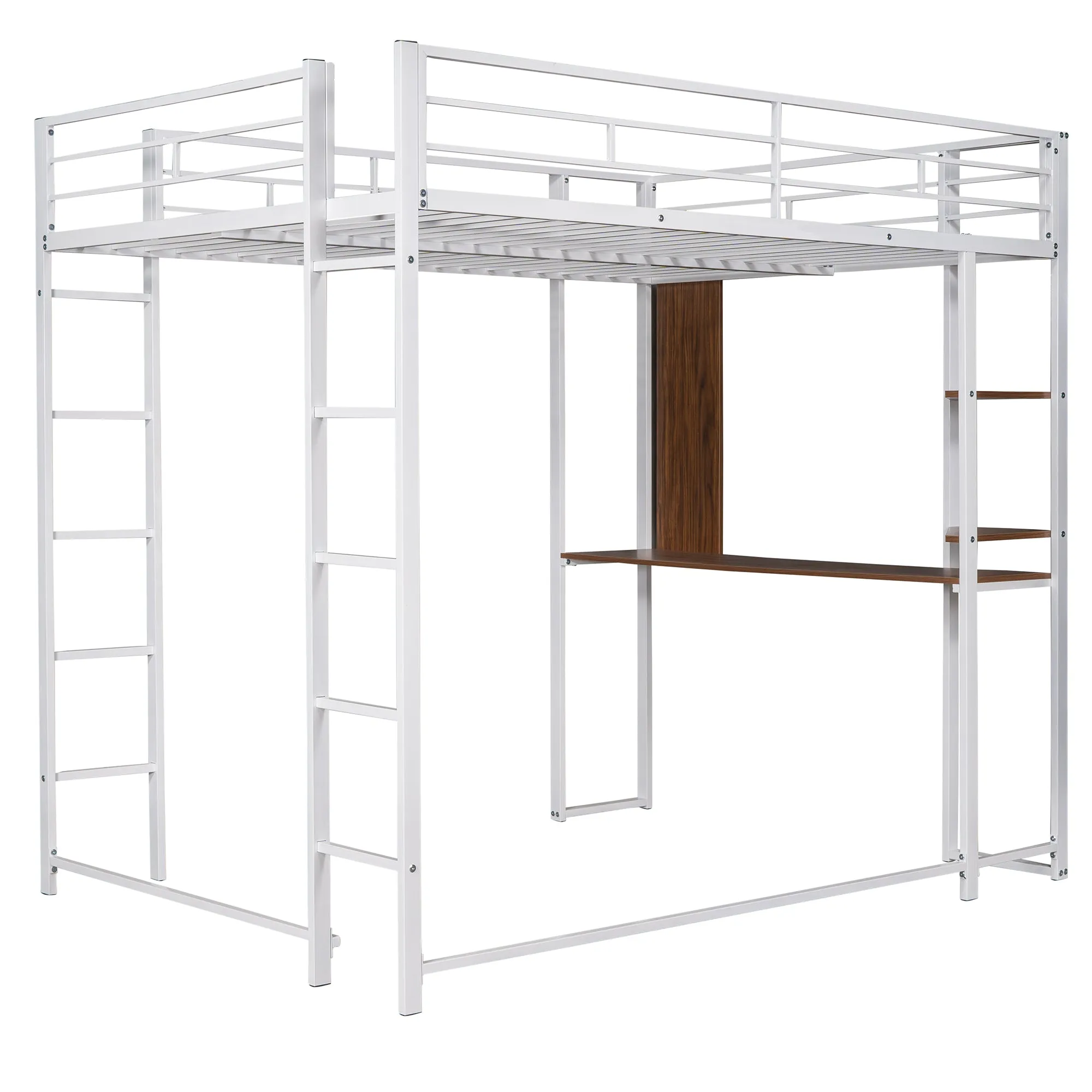 Full Size Metal Loft Bed with 2 Shelves and one Desk ,White