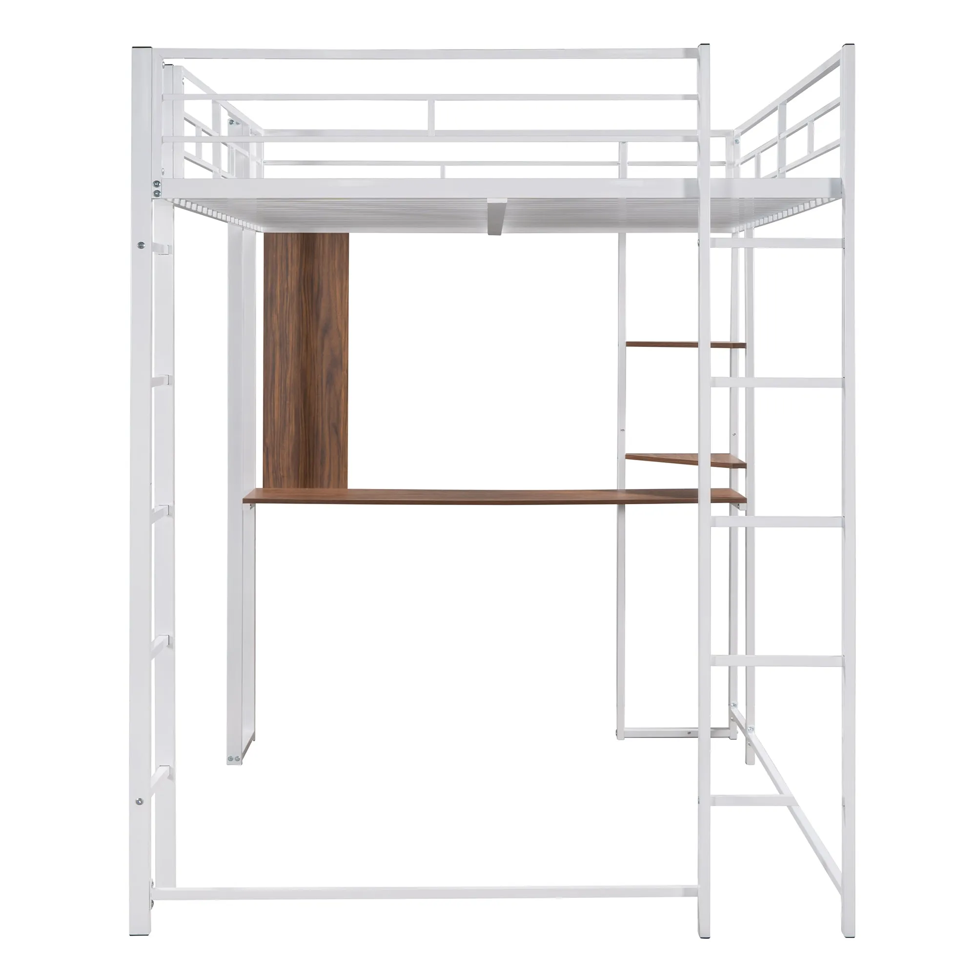 Full Size Metal Loft Bed with 2 Shelves and one Desk ,White