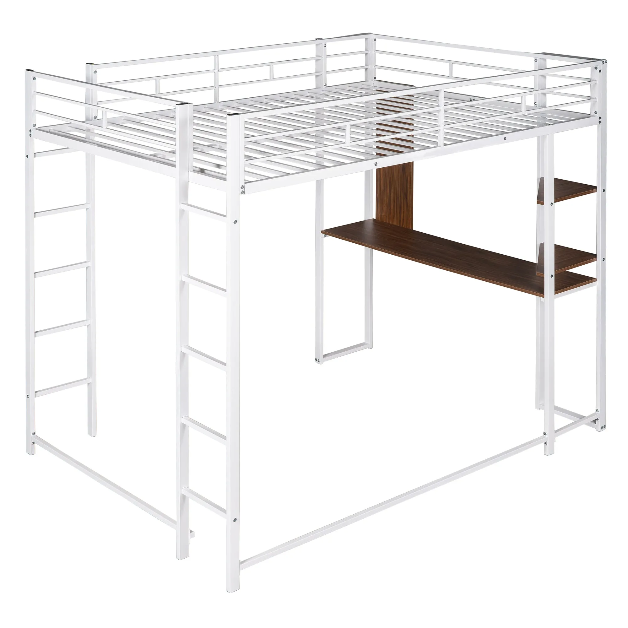 Full Size Metal Loft Bed with 2 Shelves and one Desk ,White