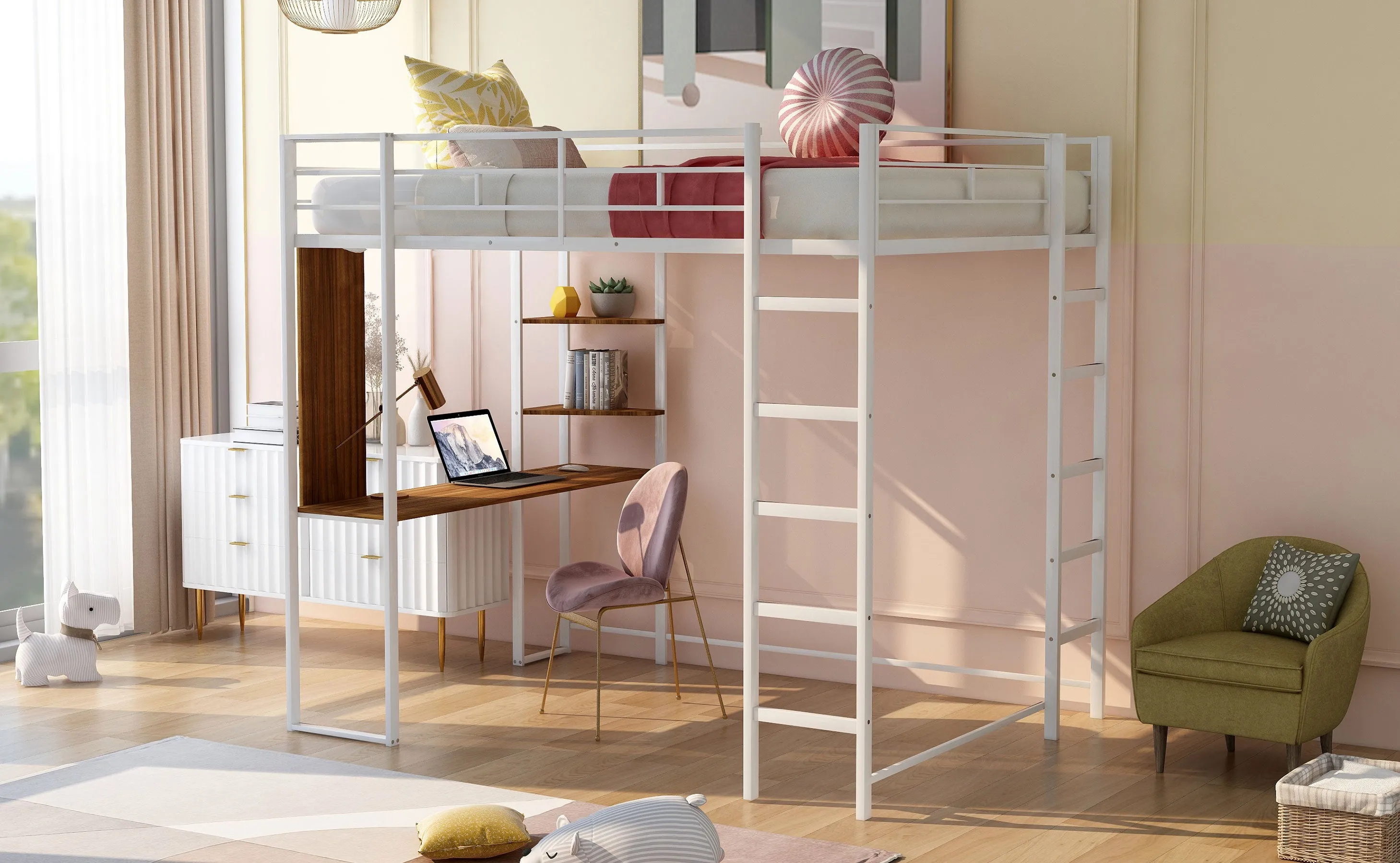 Full Size Metal Loft Bed with 2 Shelves and one Desk ,White